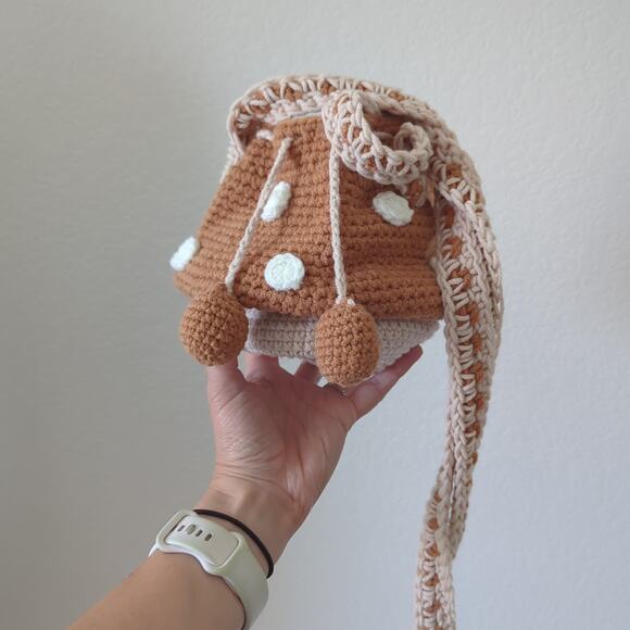 Handmade Crochet Mushroom Purse Crossbody Bag Nature Brown Whimsical Fairy - Picture 3 of 9
